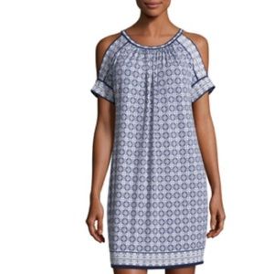 Blue & White cold shoulder patterned dress.